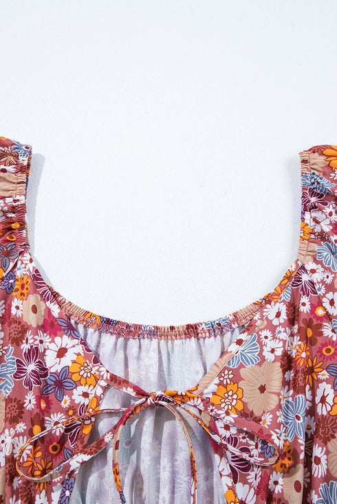 Red Floral Puff Sleeve Square Neck Knot Open Back Mini Dress